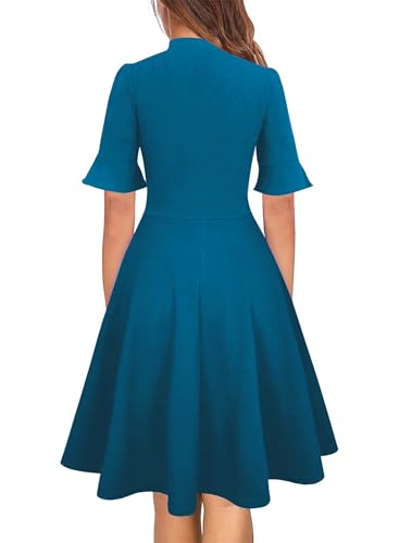 RANPHEE Dresses for Women 2026 Spring Summer Trendy Professional Business Casual Teal Blue Short Sleeve Elegant Flowy Solid A Line Dress L - Image 2