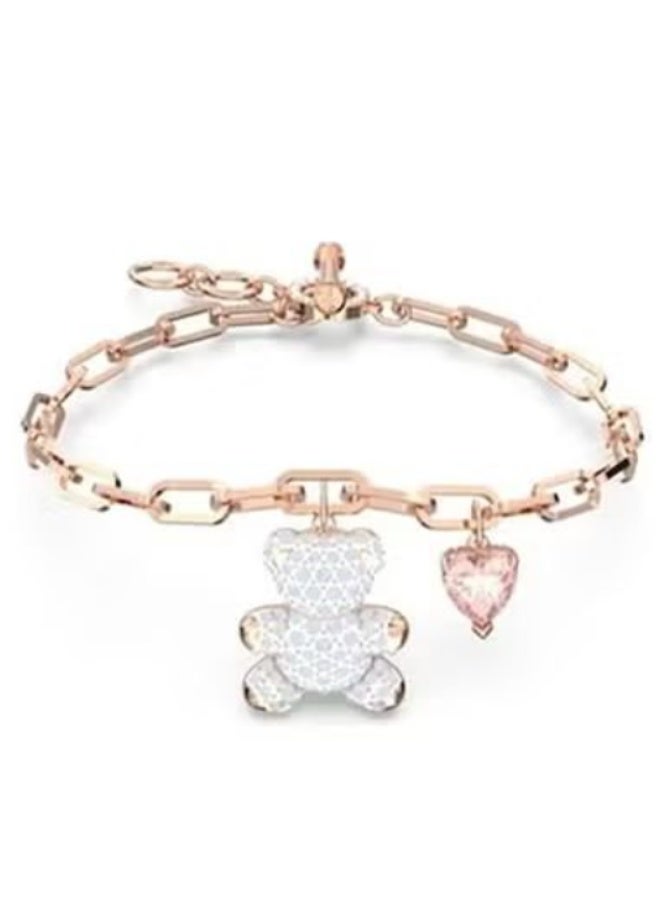 Swan سوار دب تيدي بلون الذهب الوردي مع كريستالات وقلادة قلب وردي