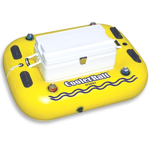 Solstice طوف قابل للنفخ من سولستيس – مادة ثقيلة مع مقابض حمل لحمام السباحة، البحيرة والنهر – مدمج مع قاعدة شبكية، حوامل أكواب، وحبل – طوف مبرد، أصفر، 55" – استرخاء فائق - Image 1