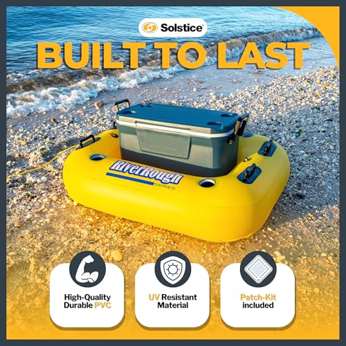 Solstice طوف قابل للنفخ من سولستيس – مادة ثقيلة مع مقابض حمل لحمام السباحة، البحيرة والنهر – مدمج مع قاعدة شبكية، حوامل أكواب، وحبل – طوف مبرد، أصفر، 55" – استرخاء فائق - Image 3