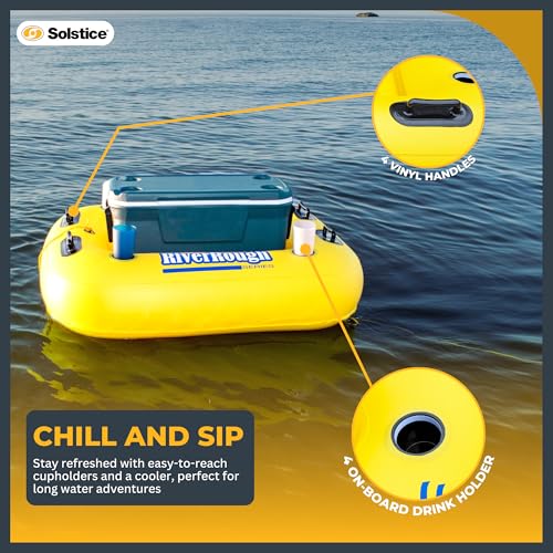 Solstice طوف قابل للنفخ من سولستيس – مادة ثقيلة مع مقابض حمل لحمام السباحة، البحيرة والنهر – مدمج مع قاعدة شبكية، حوامل أكواب، وحبل – طوف مبرد، أصفر، 55" – استرخاء فائق - Image 5