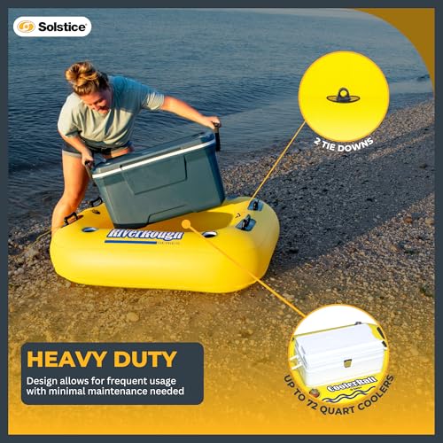 Solstice طوف قابل للنفخ من سولستيس – مادة ثقيلة مع مقابض حمل لحمام السباحة، البحيرة والنهر – مدمج مع قاعدة شبكية، حوامل أكواب، وحبل – طوف مبرد، أصفر، 55" – استرخاء فائق - Image 4