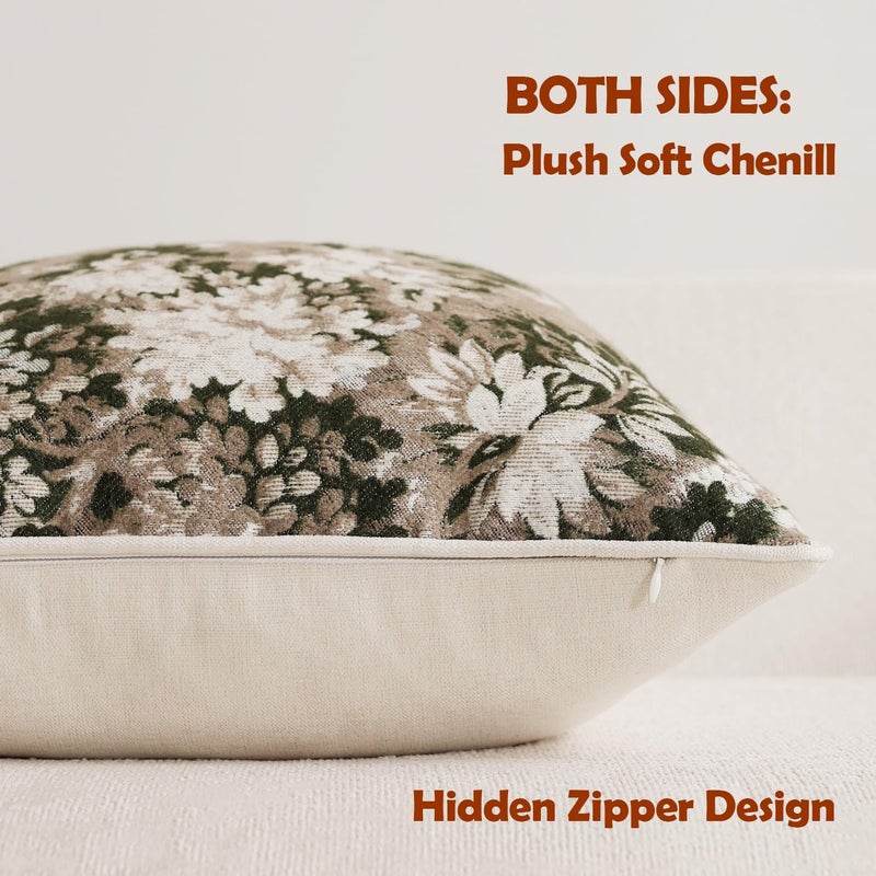 DEZENE Pack of 2 Vintage Floral Pillow Covers 12x20 Boho Farmhouse Accents Chenille Rectangular Lumbar Decorative Throw Pillow Cases for Living Room Couch Bed Home Decor, Green and Taupe - Image 2