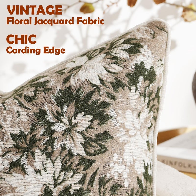 DEZENE Pack of 2 Vintage Floral Pillow Covers 12x20 Boho Farmhouse Accents Chenille Rectangular Lumbar Decorative Throw Pillow Cases for Living Room Couch Bed Home Decor, Green and Taupe - Image 3