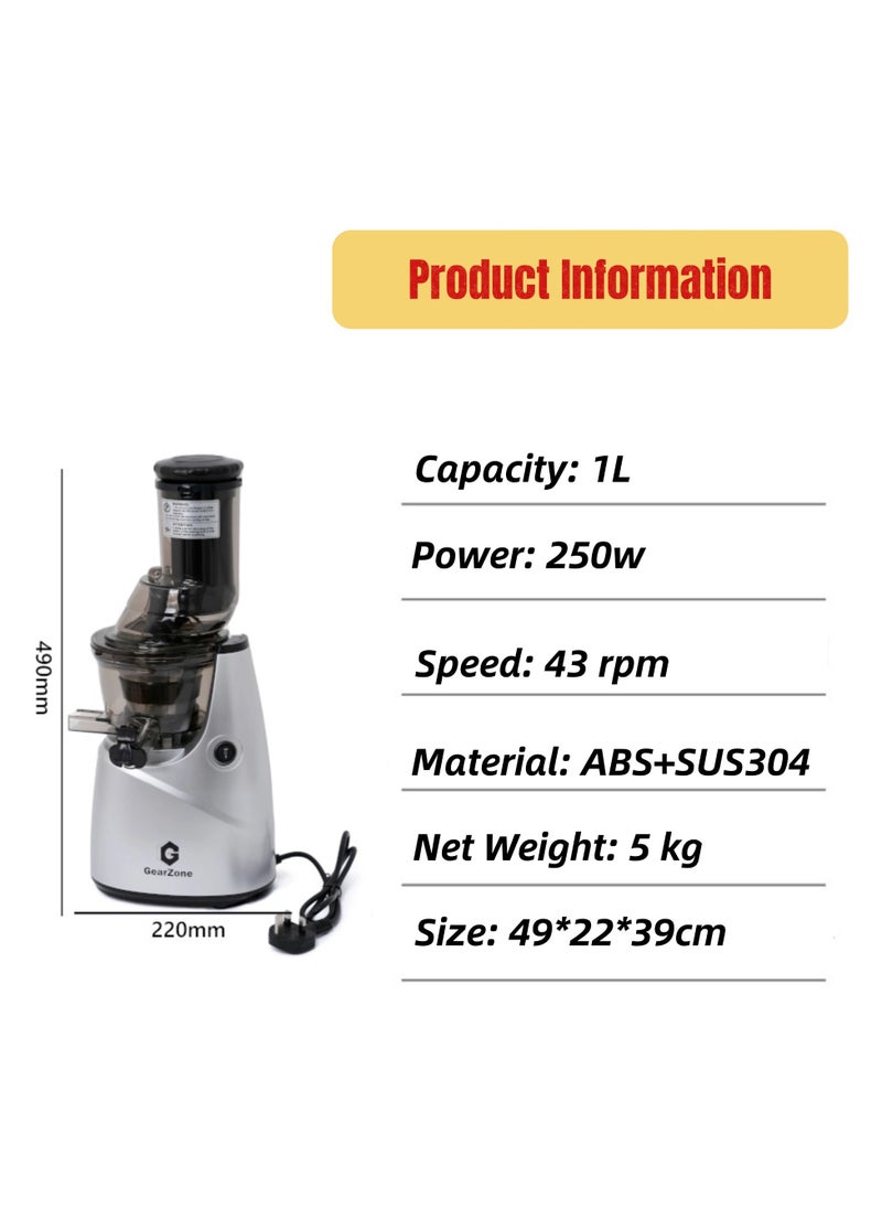 GearZone - Slow Masticating Juicer Extractor Easy to Clean, Cold Press Juicer Machines, Juice Extractor with Quiet Motor, Silver Color - Image 1