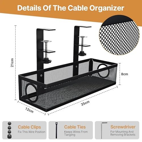 Livzing Adjustable Under Desk Cable Organizer Rack - Metal Mesh Clamp-On Cable Organizer & Power Strip Holder for Home Office, Computer Desks - Office Cable & Wire Organizer Tray (Black, 35 cm) - Image 2