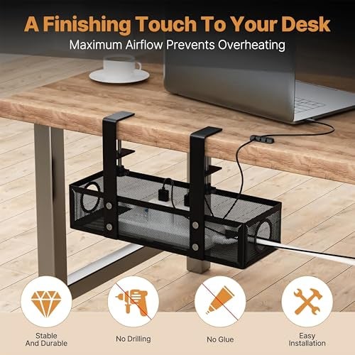 Livzing Adjustable Under Desk Cable Organizer Rack - Metal Mesh Clamp-On Cable Organizer & Power Strip Holder for Home Office, Computer Desks - Office Cable & Wire Organizer Tray (Black, 35 cm) - Image 4