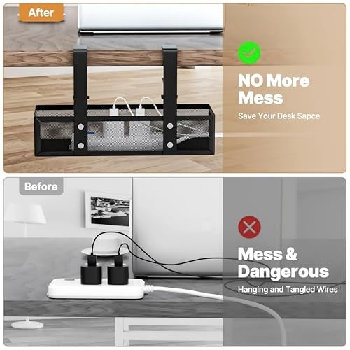 Livzing Adjustable Under Desk Cable Organizer Rack - Metal Mesh Clamp-On Cable Organizer & Power Strip Holder for Home Office, Computer Desks - Office Cable & Wire Organizer Tray (Black, 35 cm) - Image 3