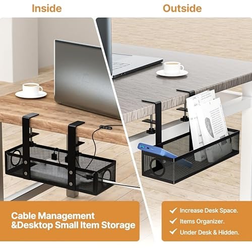 Livzing Adjustable Under Desk Cable Organizer Rack - Metal Mesh Clamp-On Cable Organizer & Power Strip Holder for Home Office, Computer Desks - Office Cable & Wire Organizer Tray (Black, 35 cm) - Image 5