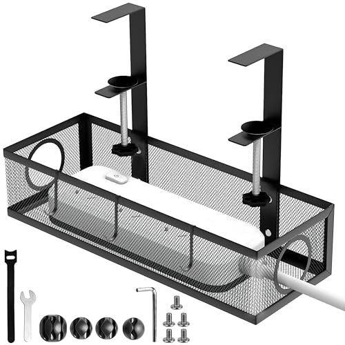 Livzing Adjustable Under Desk Cable Organizer Rack - Metal Mesh Clamp-On Cable Organizer & Power Strip Holder for Home Office, Computer Desks - Office Cable & Wire Organizer Tray (Black, 35 cm) - Image 1