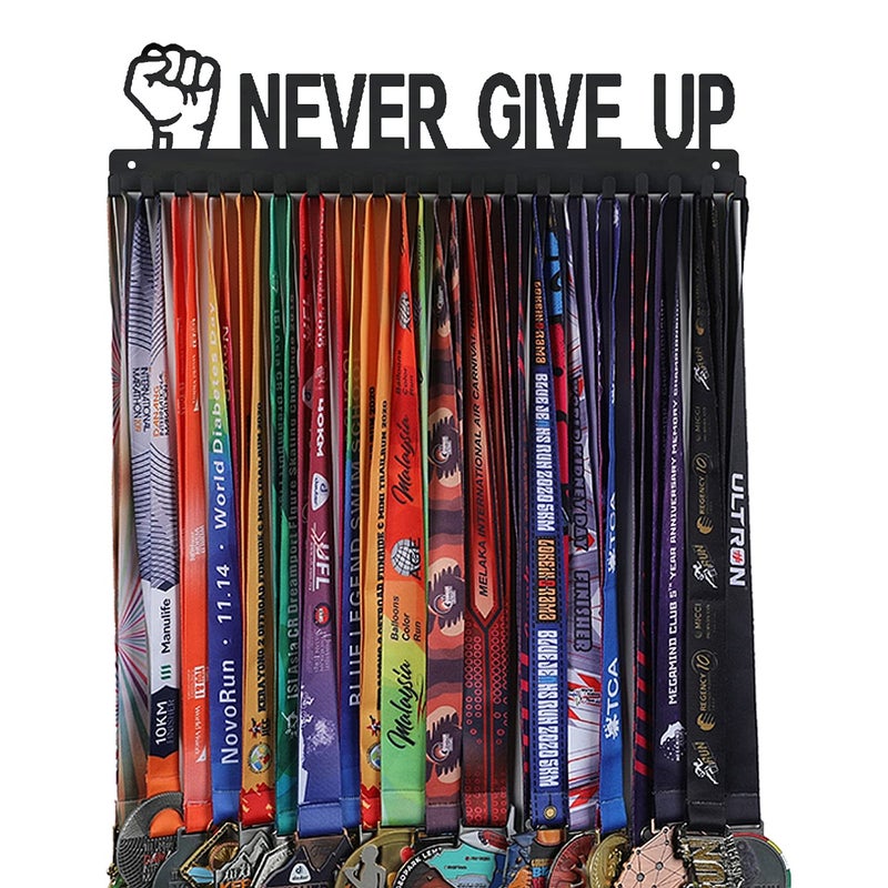 Goutoports Medal Hanger Display Rack - Never Give Up Sports Award Ribbon Hanger with 20 Hooks Hold Up 60 Medals - Durable Metal Holder for Running Showcase and Protect Your Medals in Style - Image 1