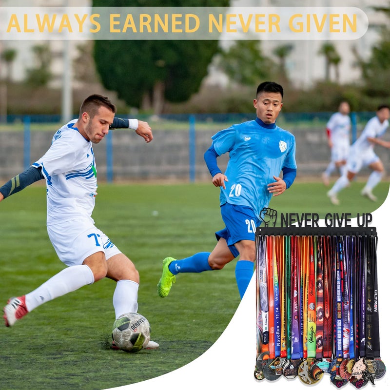 Goutoports Medal Hanger Display Rack - Never Give Up Sports Award Ribbon Hanger with 20 Hooks Hold Up 60 Medals - Durable Metal Holder for Running Showcase and Protect Your Medals in Style - Image 4