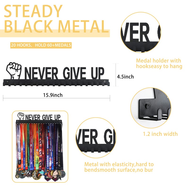 Goutoports Medal Hanger Display Rack - Never Give Up Sports Award Ribbon Hanger with 20 Hooks Hold Up 60 Medals - Durable Metal Holder for Running Showcase and Protect Your Medals in Style - Image 2