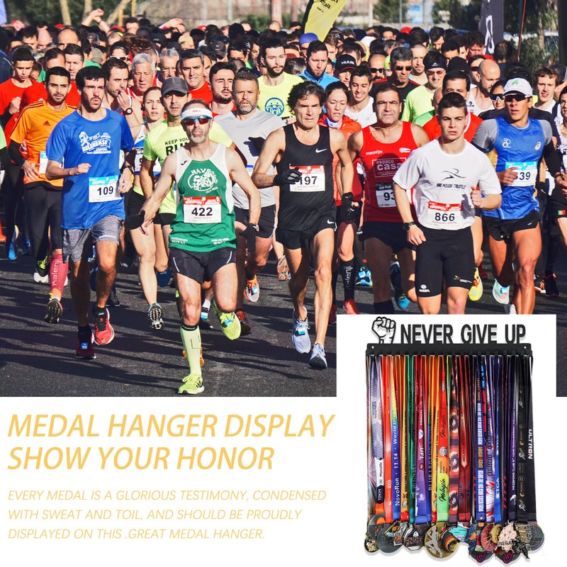 Goutoports Medal Hanger Display Rack - Never Give Up Sports Award Ribbon Hanger with 20 Hooks Hold Up 60 Medals - Durable Metal Holder for Running Showcase and Protect Your Medals in Style - Image 3
