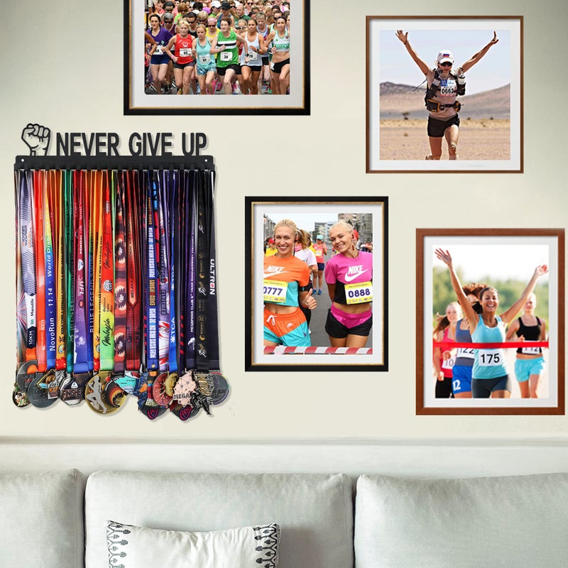 Goutoports Medal Hanger Display Rack - Never Give Up Sports Award Ribbon Hanger with 20 Hooks Hold Up 60 Medals - Durable Metal Holder for Running Showcase and Protect Your Medals in Style - Image 5