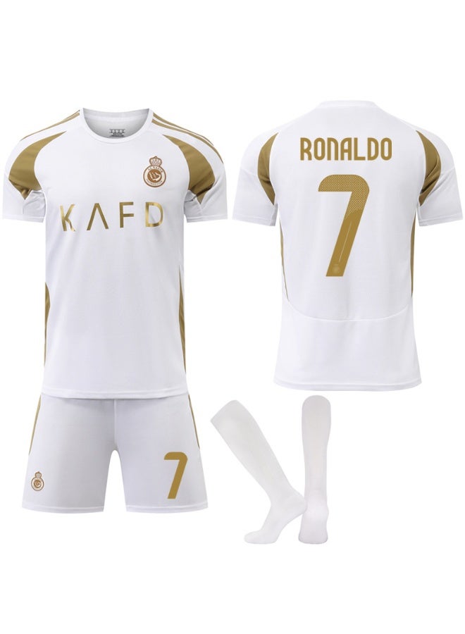 عام 2024-2025 الرياض النصر اثنين بعيدا مجموعة كرة القدم # 7 كريستيانو رونالدو كرة القدم جيرسي السراويل الجوارب طقم هدايا حجم الأطفال وحجم الكبار ، هدية للجماهير والأصدقاء - Image 1