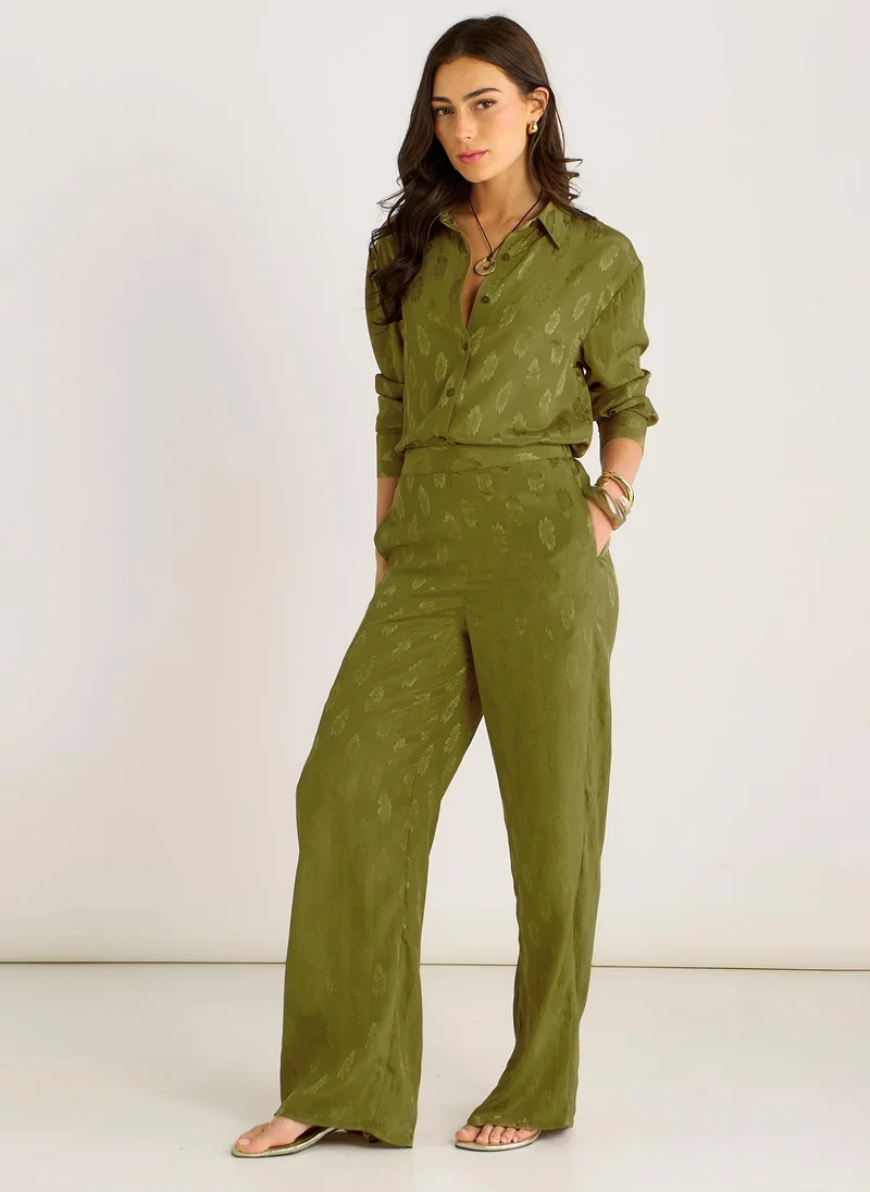 Gini London  Khaki Floral Satin Jacquard Trousers for Women | Best Price UAE