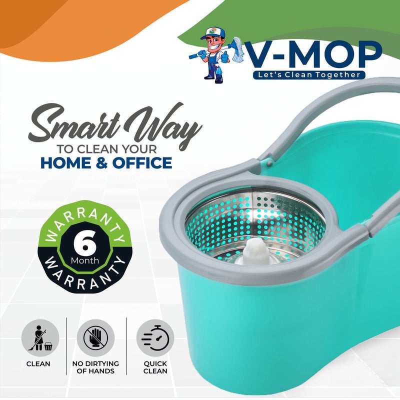 V-MOP VMop Premium Classic CGreen Magic Dry Bucket Mop 360 Degree Self Spin Wringing with 2 Super Absorbers for Home Office Floor Mop Set4 6 Months Warranty on Rod Set - Image 2