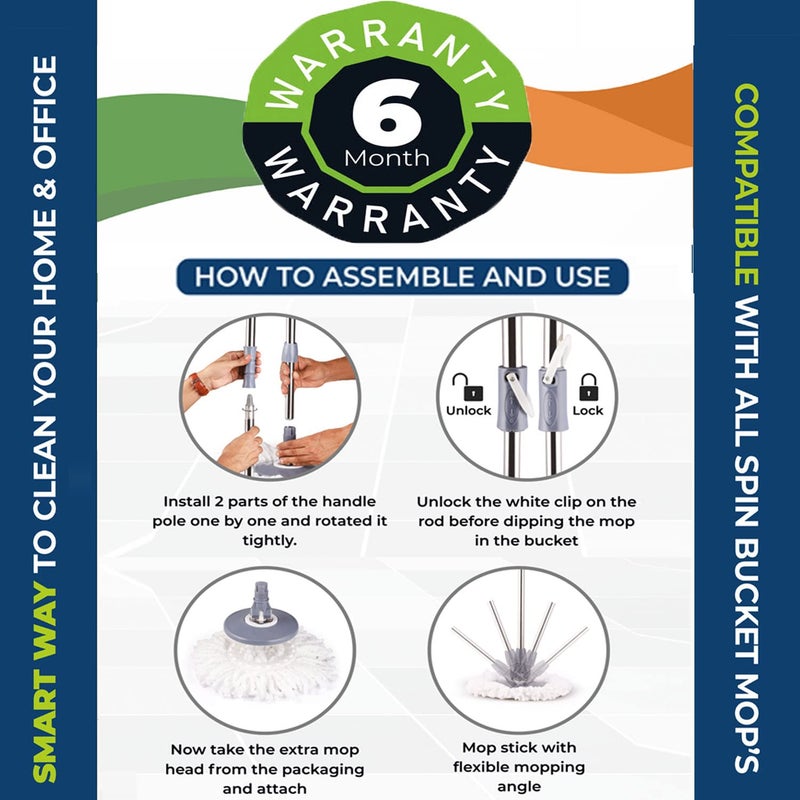 V-MOP VMop Premium Classic CGreen Magic Dry Bucket Mop 360 Degree Self Spin Wringing with 2 Super Absorbers for Home Office Floor Mop Set4 6 Months Warranty on Rod Set - Image 3