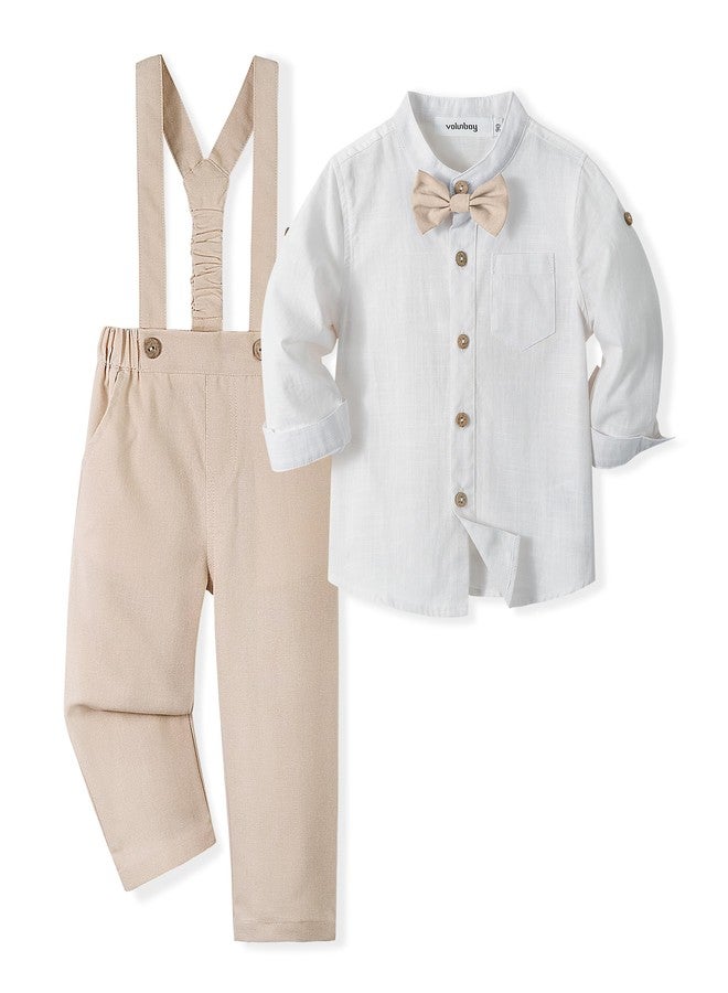 Volunboy Toddler Boys Wedding 4Pcs Linen Set Baby Formal Gentleman Suspenders Bowtie Outfits Long Sleeve Dress Clothes (Lightkhaki, 12-18 Months) - Image 1