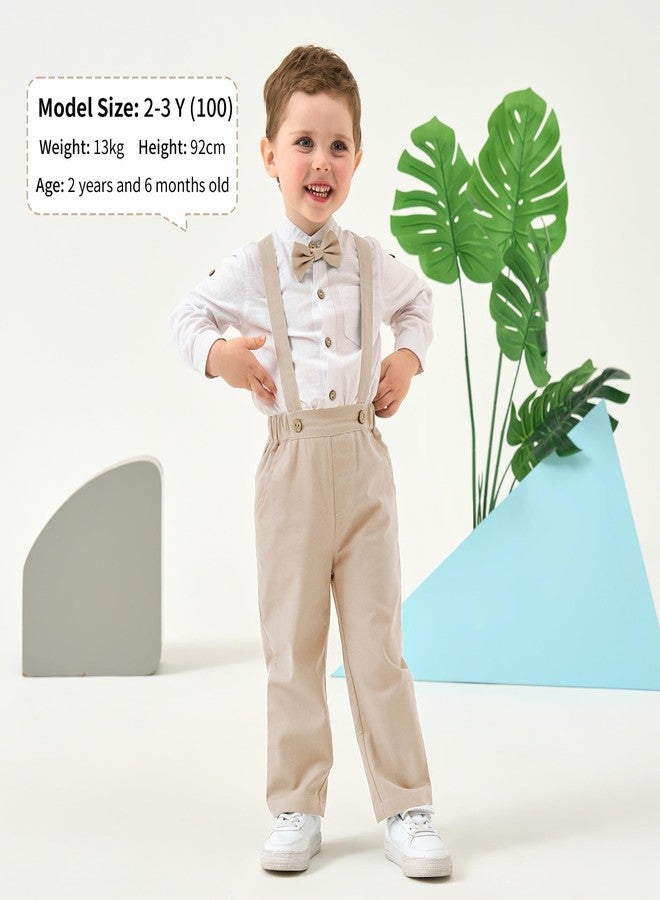 Volunboy Toddler Boys Wedding 4Pcs Linen Set Baby Formal Gentleman Suspenders Bowtie Outfits Long Sleeve Dress Clothes (Lightkhaki, 12-18 Months) - Image 4