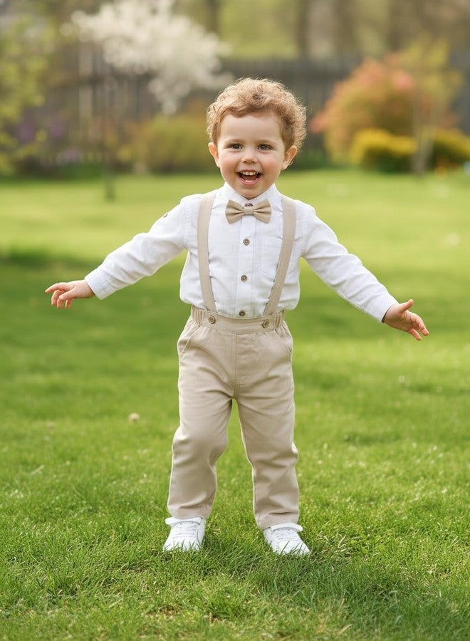 Volunboy Toddler Boys Wedding 4Pcs Linen Set Baby Formal Gentleman Suspenders Bowtie Outfits Long Sleeve Dress Clothes (Lightkhaki, 12-18 Months) - Image 2