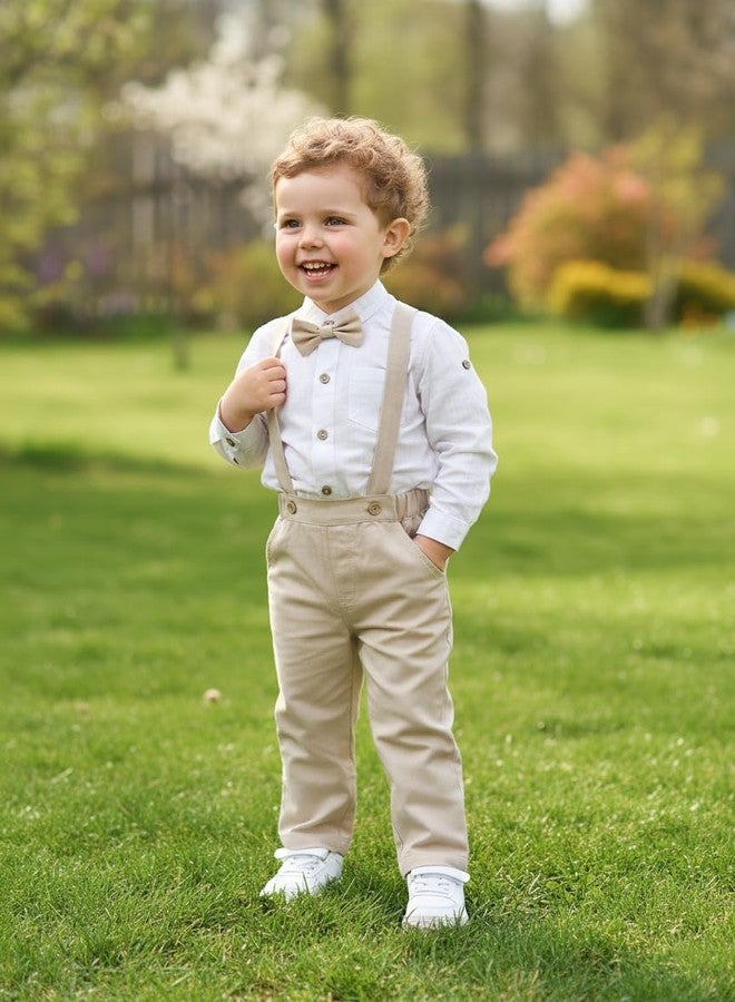 Volunboy Toddler Boys Wedding 4Pcs Linen Set Baby Formal Gentleman Suspenders Bowtie Outfits Long Sleeve Dress Clothes (Lightkhaki, 12-18 Months) - Image 3