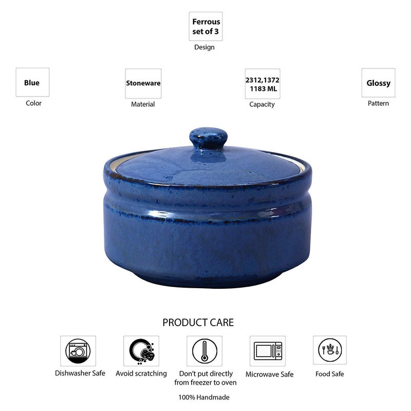 Caffeine Ceramic Handmade Blue Glossy Serving Donga with lid Set of 3 1 Large 1 Medium 1 Small - Image 2