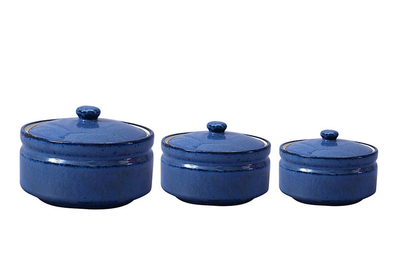 Caffeine Ceramic Handmade Blue Glossy Serving Donga with lid Set of 3 1 Large 1 Medium 1 Small - Image 1