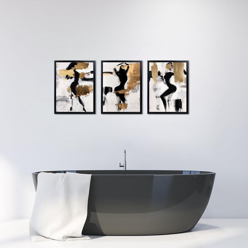 LevvArts Black and Gold Bathroom Decor Abstract Women Wall Art Set of 3 Black Frame Black Beige and Gold Paintings - Image 5