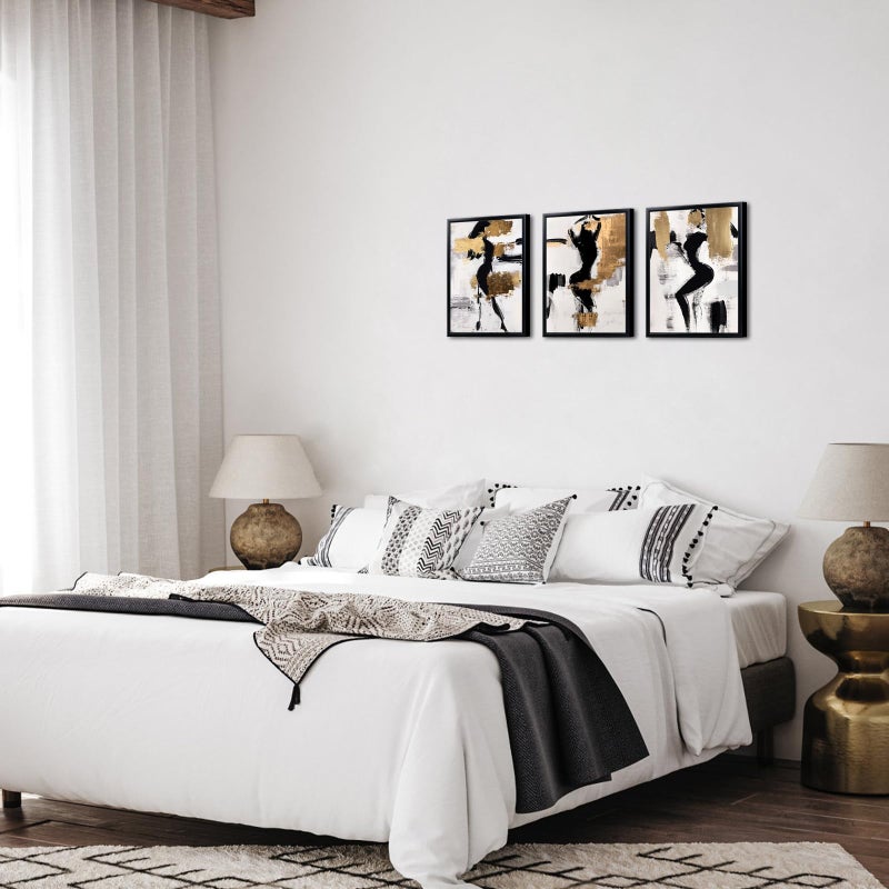 LevvArts Black and Gold Bathroom Decor Abstract Women Wall Art Set of 3 Black Frame Black Beige and Gold Paintings - Image 3
