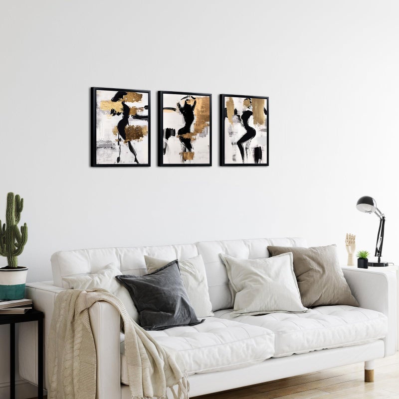 LevvArts Black and Gold Bathroom Decor Abstract Women Wall Art Set of 3 Black Frame Black Beige and Gold Paintings - Image 4