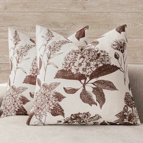 Foindtower Set of 2 Linen Floral Throw Pillow Covers Vintage Accent Print Decorative Cushion Covers Farmhouse Boho Home Decor for Sofa Chair Couch Bedroom Living Room2424 InchDark Brown - Image 1