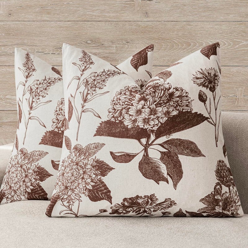 Foindtower Set of 2 Linen Floral Throw Pillow Covers Vintage Accent Print Decorative Cushion Covers Farmhouse Boho Home Decor for Sofa Chair Couch Bedroom Living Room2424 InchDark Brown - Image 2
