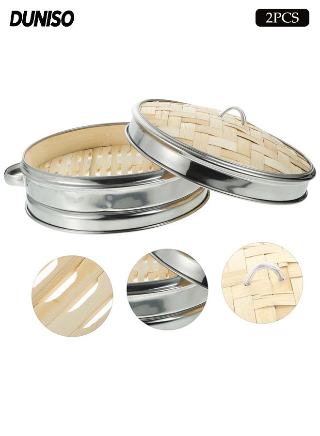 DUNISO 20cm Bamboo Steamer Basket with Lid,Steamer Cage with Double Handle ,for Buns,Dumplings ,Rice and Vegetables - Image 1