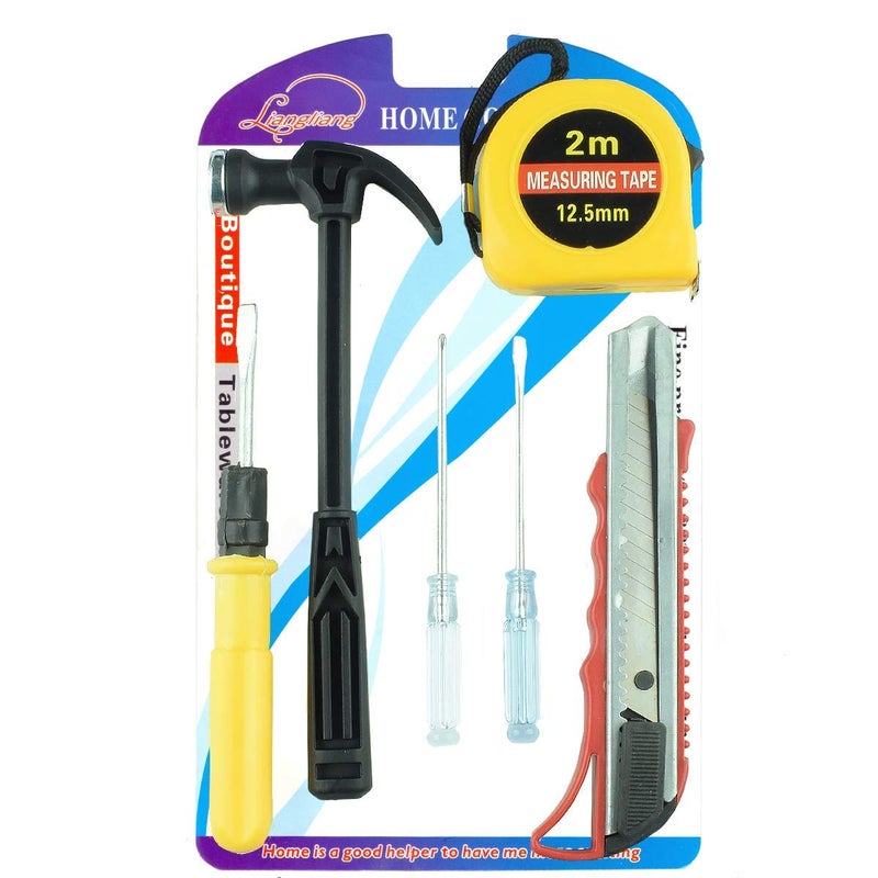 REES52 Hand Tool Kit, Portable Durable Multi Function Steel and Plastic Hammer,Cutter, Measuring Tape, Screwdriver Household Hand Wood Working Tool Set kit 6ps Hammer Screwdriver Tool kit - Image 1