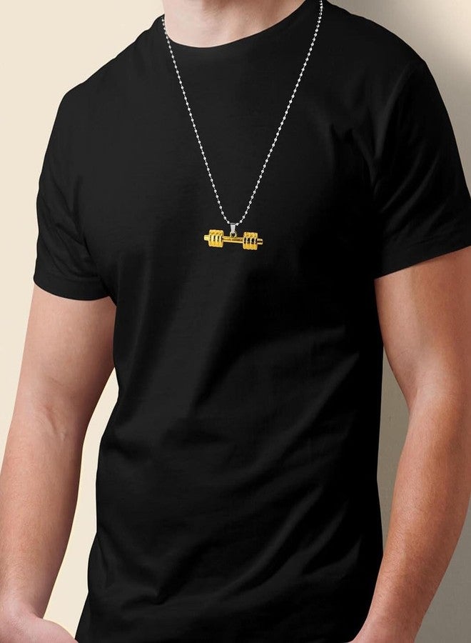Utkarsh Golden Plated Stainless Steel Weightlifting Fitness Gym Bodybuilding Sports Dumbbell Barbell Locket Pendant Necklace With Chain For Boy's And Girl's - Image 4
