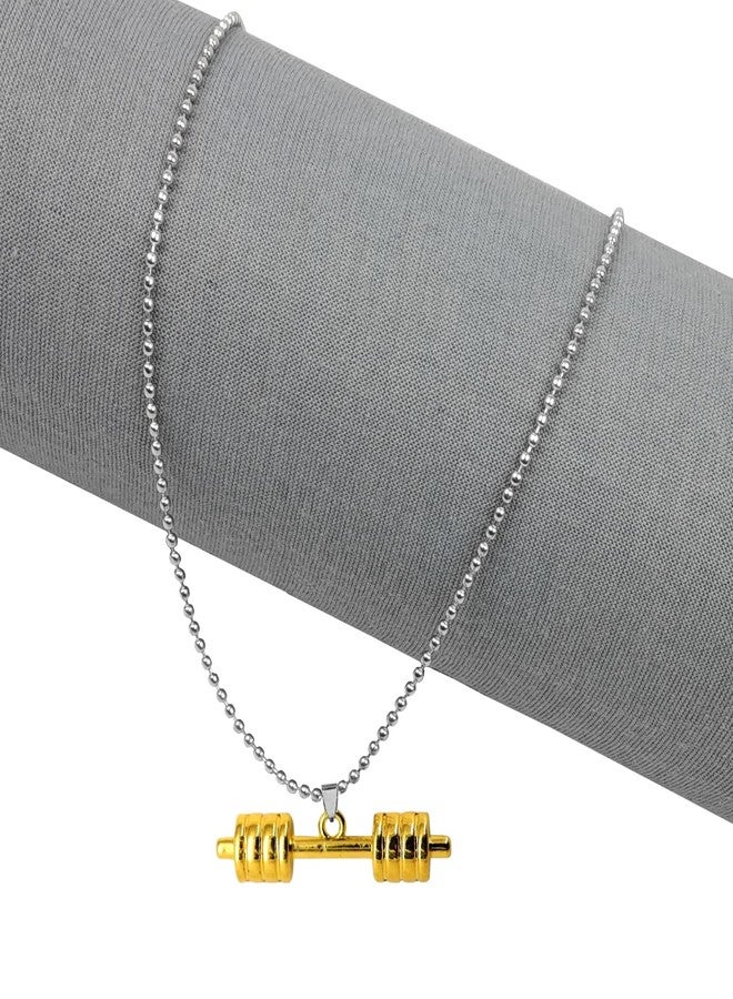 Utkarsh Golden Plated Stainless Steel Weightlifting Fitness Gym Bodybuilding Sports Dumbbell Barbell Locket Pendant Necklace With Chain For Boy's And Girl's - Image 2