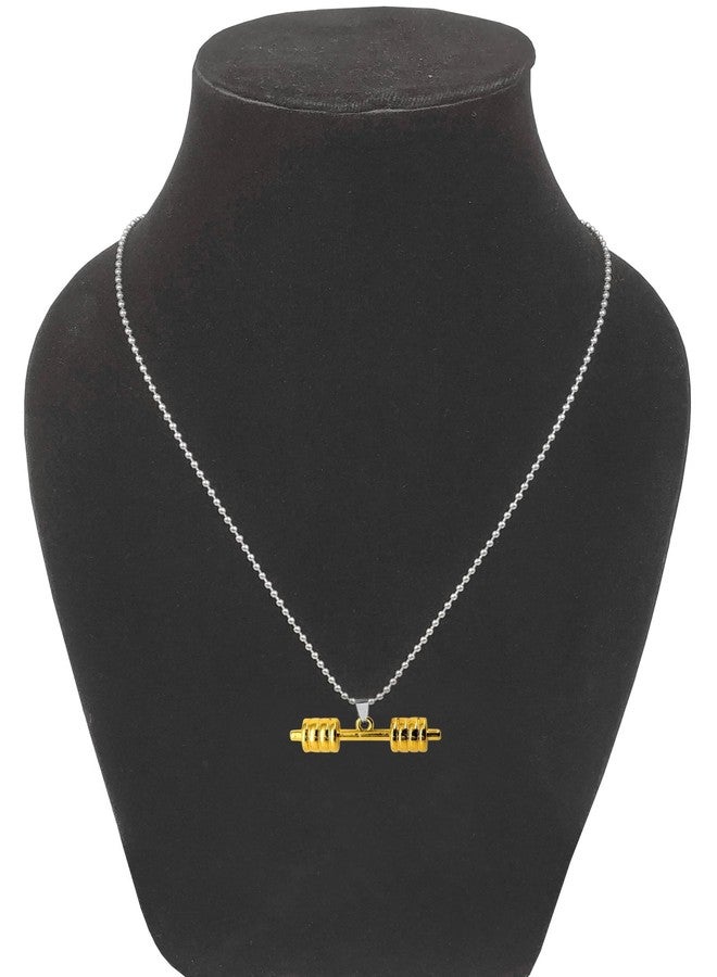Utkarsh Golden Plated Stainless Steel Weightlifting Fitness Gym Bodybuilding Sports Dumbbell Barbell Locket Pendant Necklace With Chain For Boy's And Girl's - Image 3