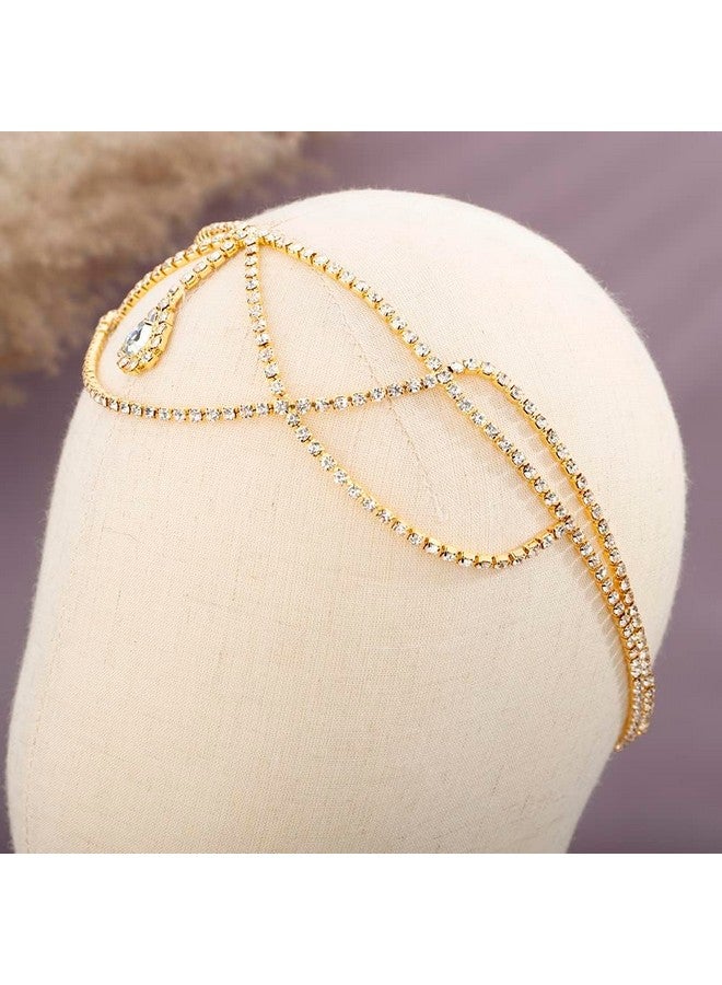 Xerling Teardrop Crystal Pendant Headpieces Bridal Layered Rhinestones Head Chain Forehead Hair Accessories For Women Girls Wedding Head Jewelry (Gold) - Image 3