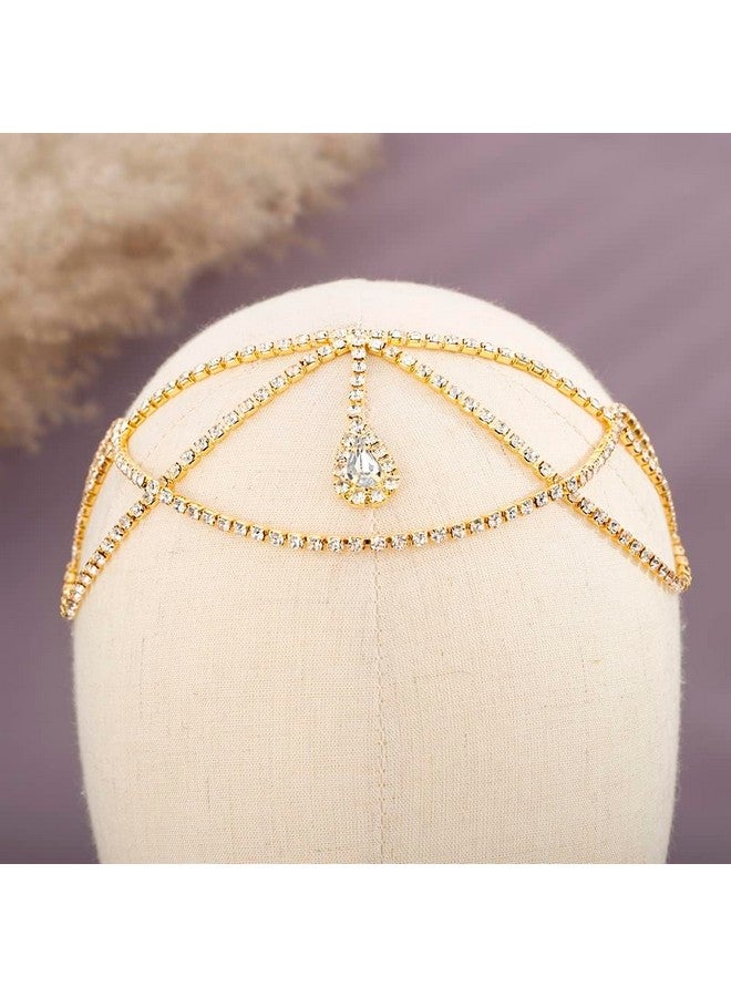 Xerling Teardrop Crystal Pendant Headpieces Bridal Layered Rhinestones Head Chain Forehead Hair Accessories For Women Girls Wedding Head Jewelry (Gold) - Image 2