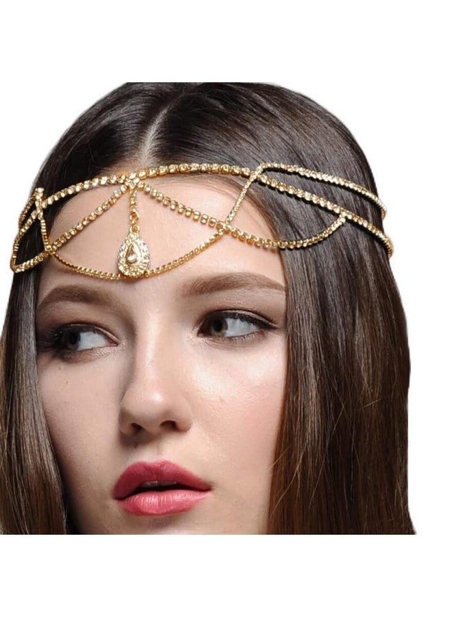 Xerling Teardrop Crystal Pendant Headpieces Bridal Layered Rhinestones Head Chain Forehead Hair Accessories For Women Girls Wedding Head Jewelry (Gold) - Image 1