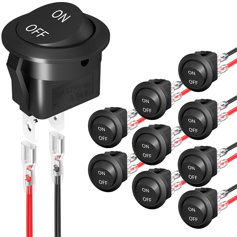 Joinfworld 10Pcs Round Rocker Switch 12V ON Off Switch 12 Volt DC Circle Toggle Switch 2 Pin SPST 6A/250V 10A/125V AC 20MM Small Rocker Switch with Wires for Auto Car Marine Boat - UL Listed - Image 1
