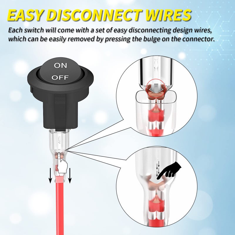 Joinfworld 10Pcs Round Rocker Switch 12V ON Off Switch 12 Volt DC Circle Toggle Switch 2 Pin SPST 6A/250V 10A/125V AC 20MM Small Rocker Switch with Wires for Auto Car Marine Boat - UL Listed - Image 5
