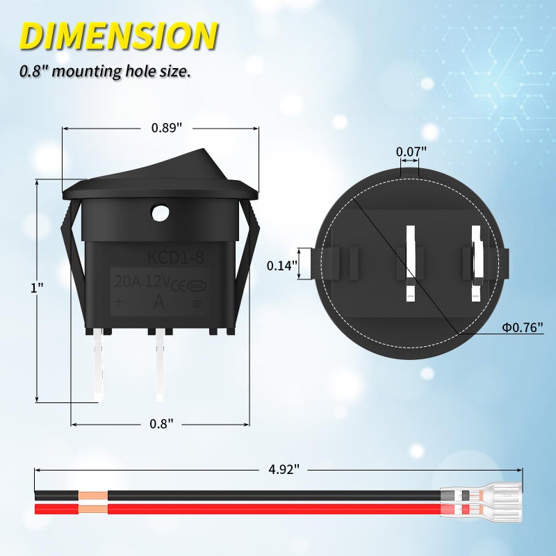 Joinfworld 10Pcs Round Rocker Switch 12V ON Off Switch 12 Volt DC Circle Toggle Switch 2 Pin SPST 6A/250V 10A/125V AC 20MM Small Rocker Switch with Wires for Auto Car Marine Boat - UL Listed - Image 2