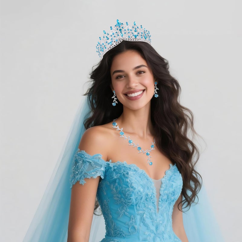 Kamirola Tiaras and Crowns for Women,3-pack Tiaras Earrings Necklace, Crystal Bridal Jewelry Set, Costume Party Halloween Prom Pageant Jewelry for Women (Silver Light Blue) - Image 4