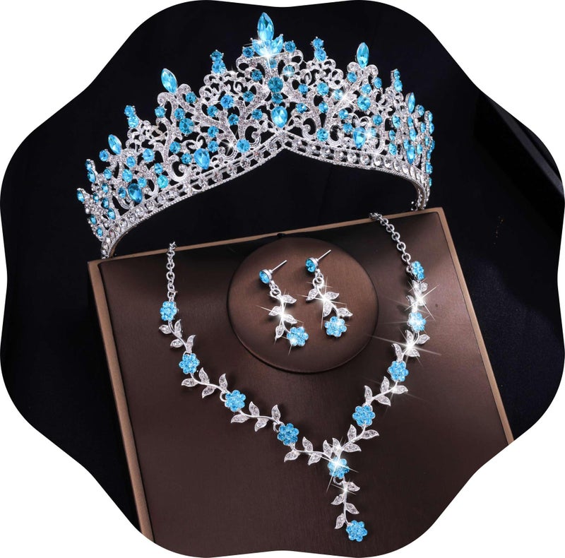 Kamirola Tiaras and Crowns for Women,3-pack Tiaras Earrings Necklace, Crystal Bridal Jewelry Set, Costume Party Halloween Prom Pageant Jewelry for Women (Silver Light Blue) - Image 1