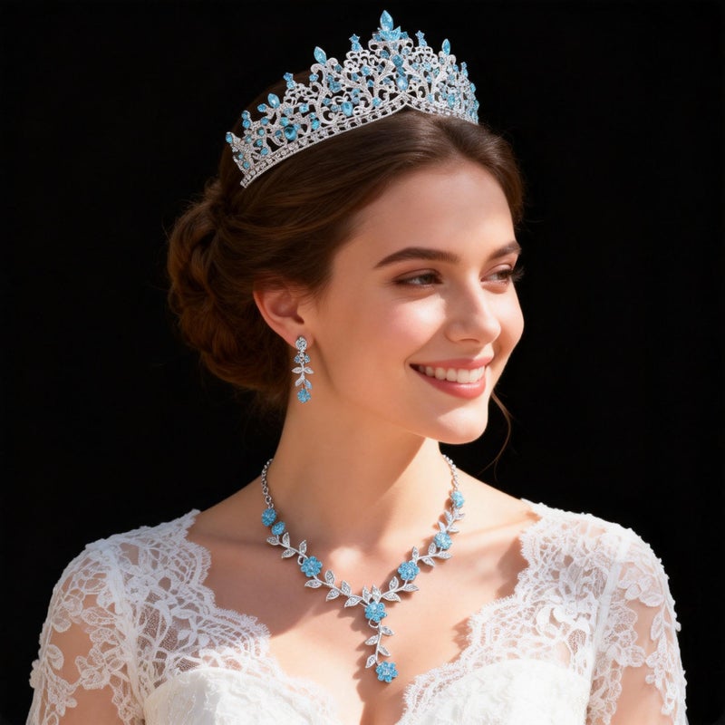 Kamirola Tiaras and Crowns for Women,3-pack Tiaras Earrings Necklace, Crystal Bridal Jewelry Set, Costume Party Halloween Prom Pageant Jewelry for Women (Silver Light Blue) - Image 2