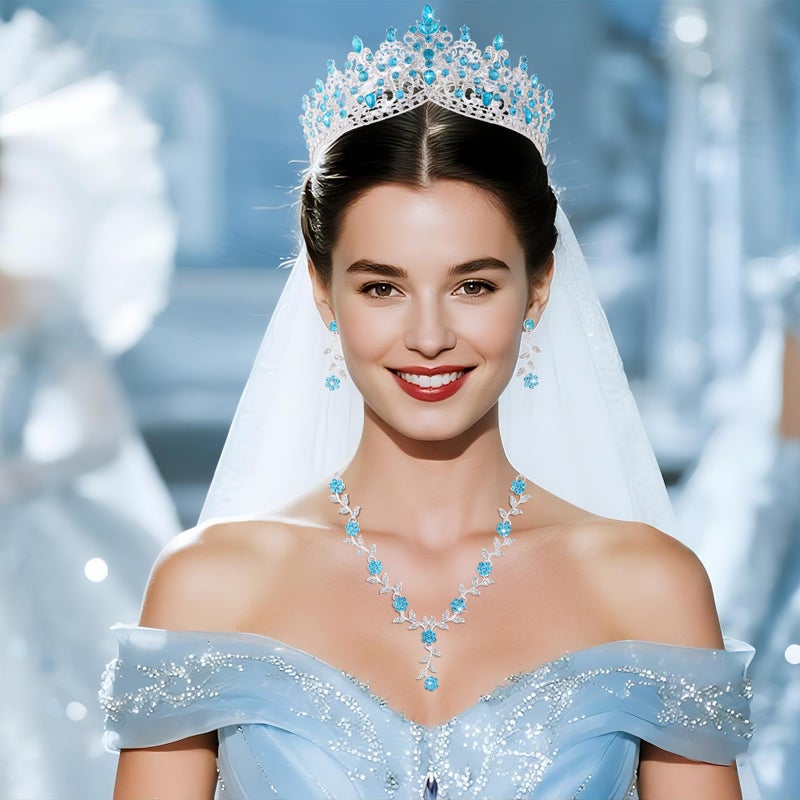 Kamirola Tiaras and Crowns for Women,3-pack Tiaras Earrings Necklace, Crystal Bridal Jewelry Set, Costume Party Halloween Prom Pageant Jewelry for Women (Silver Light Blue) - Image 5