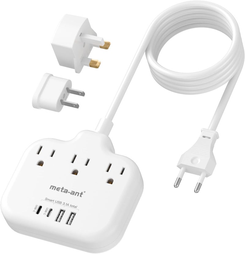 meta-ant European Travel Plug Adapter, International Power Adapter, US to UK Europe Power Strip for EU/UK/US with 2 USB C, 4 USB Ports, 3 AC Outlets, 5ft Extension Cord for Europe Germany France, White - Image 1
